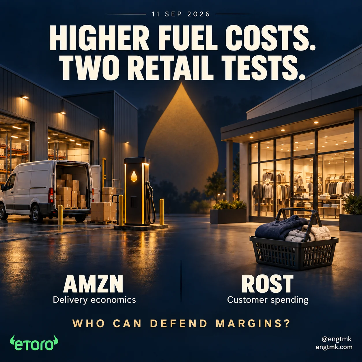 Higher fuel costs create two retail tests: Amazon delivery economics and Ross customer spending.