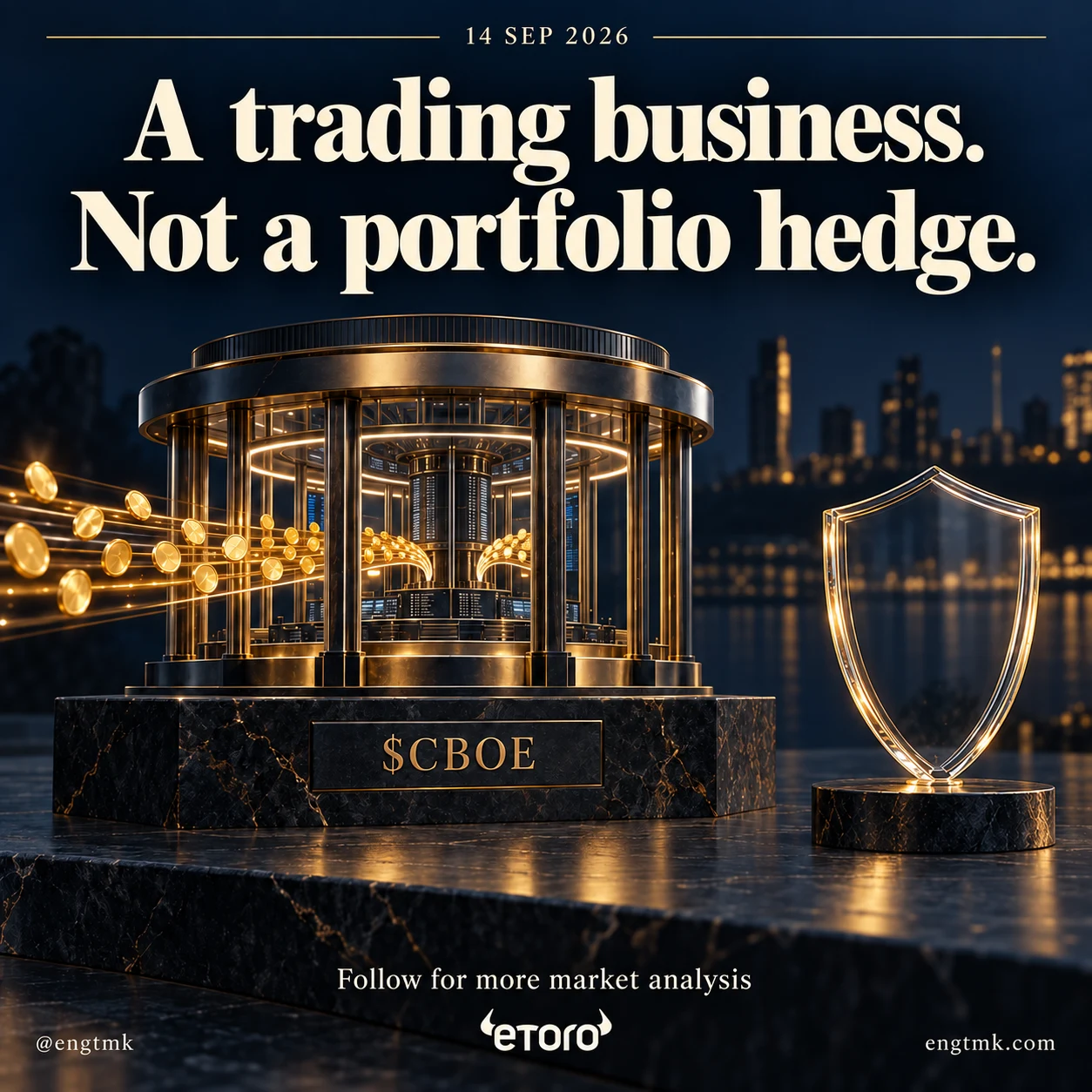 Trading flows enter a Cboe exchange illustration beside a separate intact shield, distinguishing the business from portfolio protection.