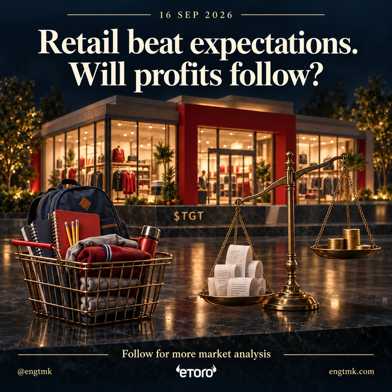 A back-to-school basket outside a retail store, with a scale weighted toward sales receipts rather than profit coins.