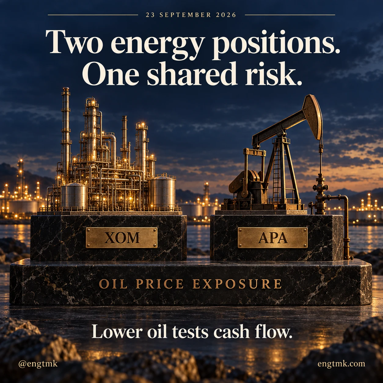 An XOM refinery and an APA pumpjack stand on a shared foundation labelled oil price exposure, illustrating the common risk behind two different energy businesses.