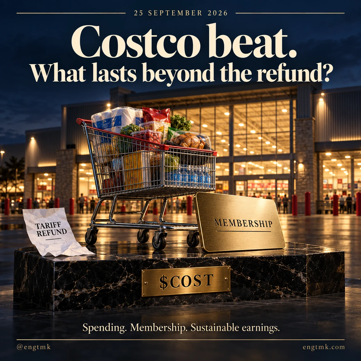 A Costco-labelled plinth supports a grocery cart and membership card, with a separate tariff-refund receipt illustrating the distinction between a temporary benefit and durable business drivers.