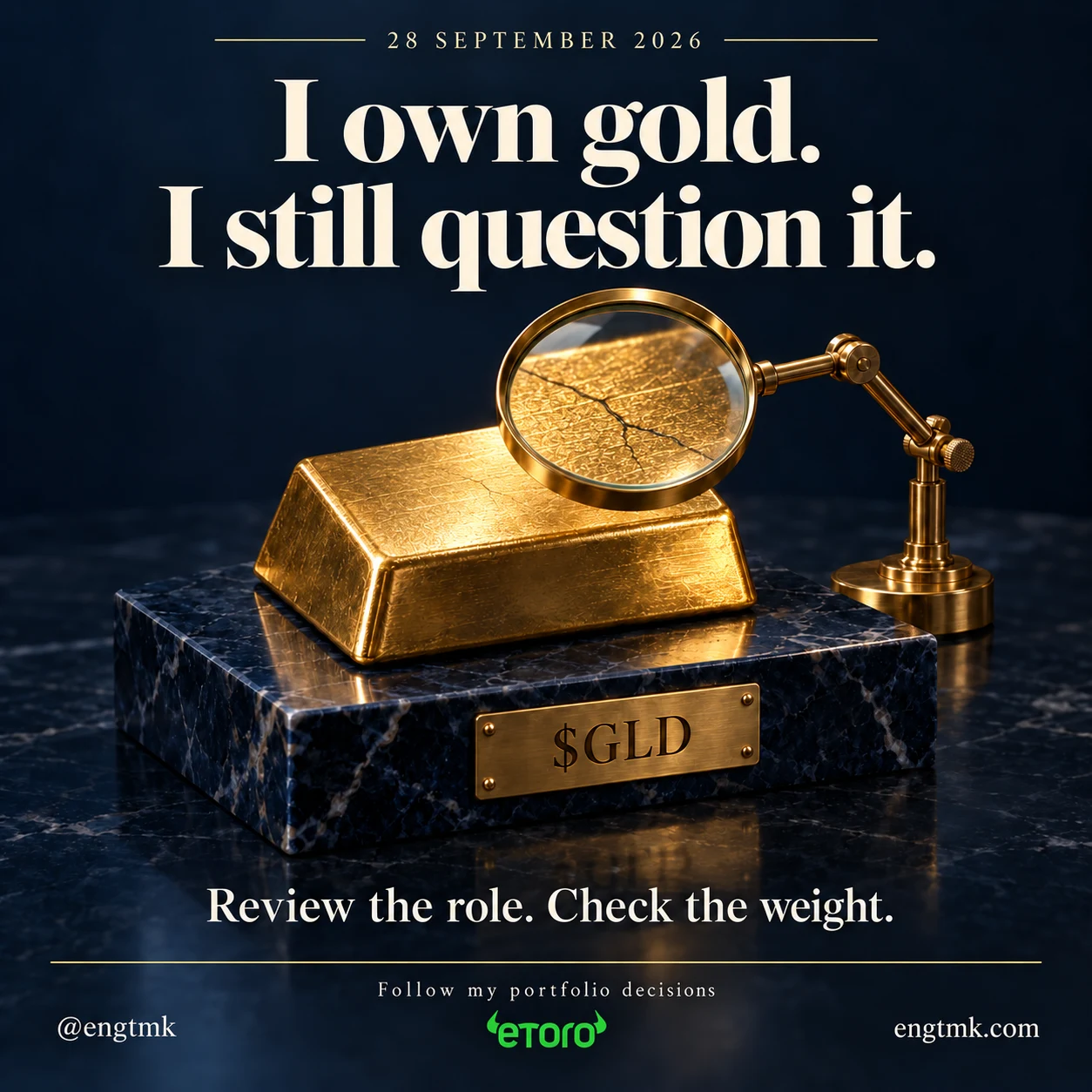 A magnifying glass reveals a symbolic fissure in a gold bar above a GLD plaque, illustrating scrutiny of gold's investment role and portfolio weight.