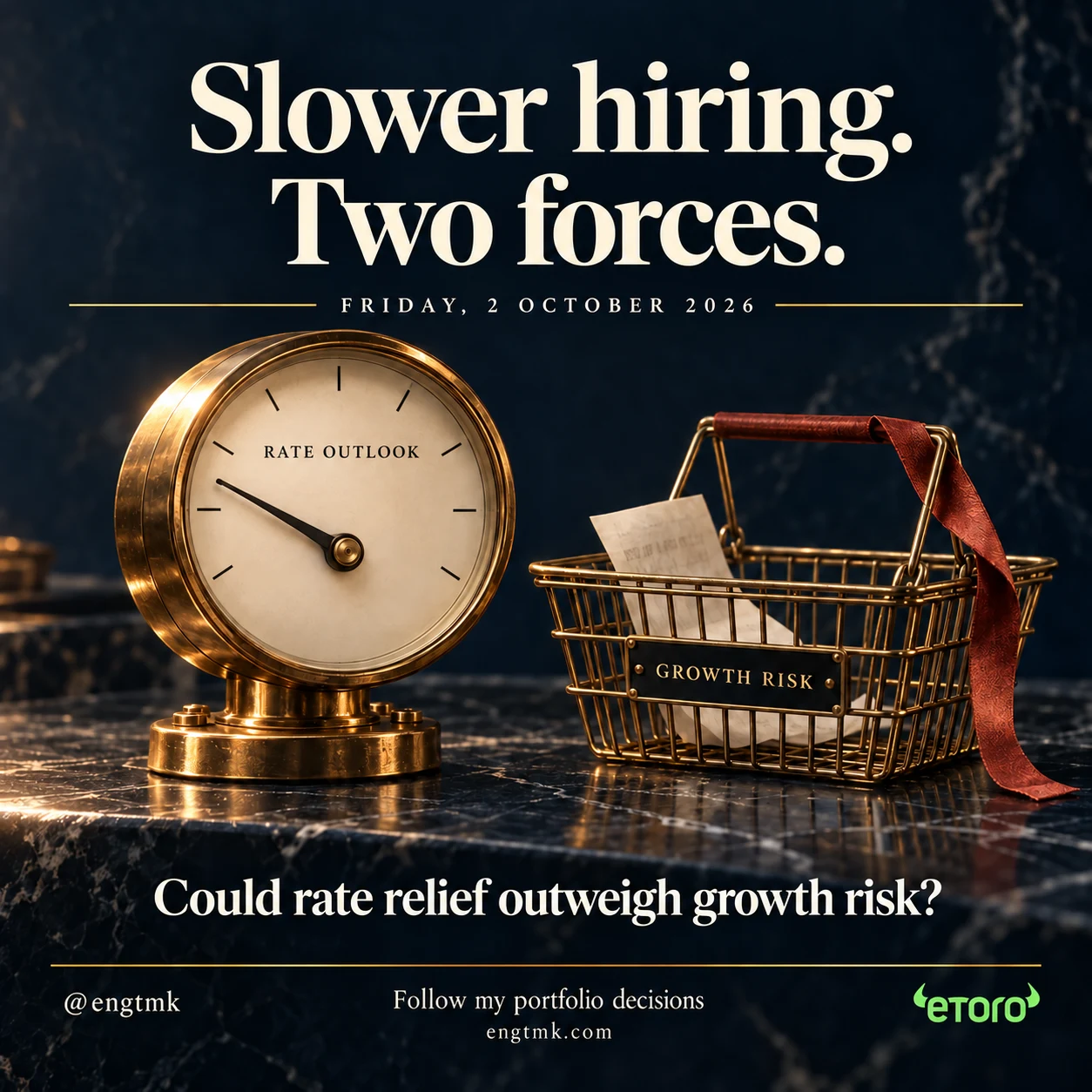 Slower hiring, two forces: a rate-outlook gauge beside a shopping basket labelled growth risk, asking whether rate relief could outweigh growth risk.