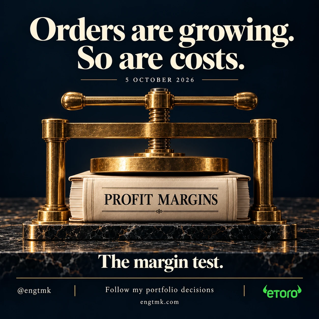 A gold press compresses a book labelled Profit Margins beneath the words Orders are growing. So are costs. The margin test.