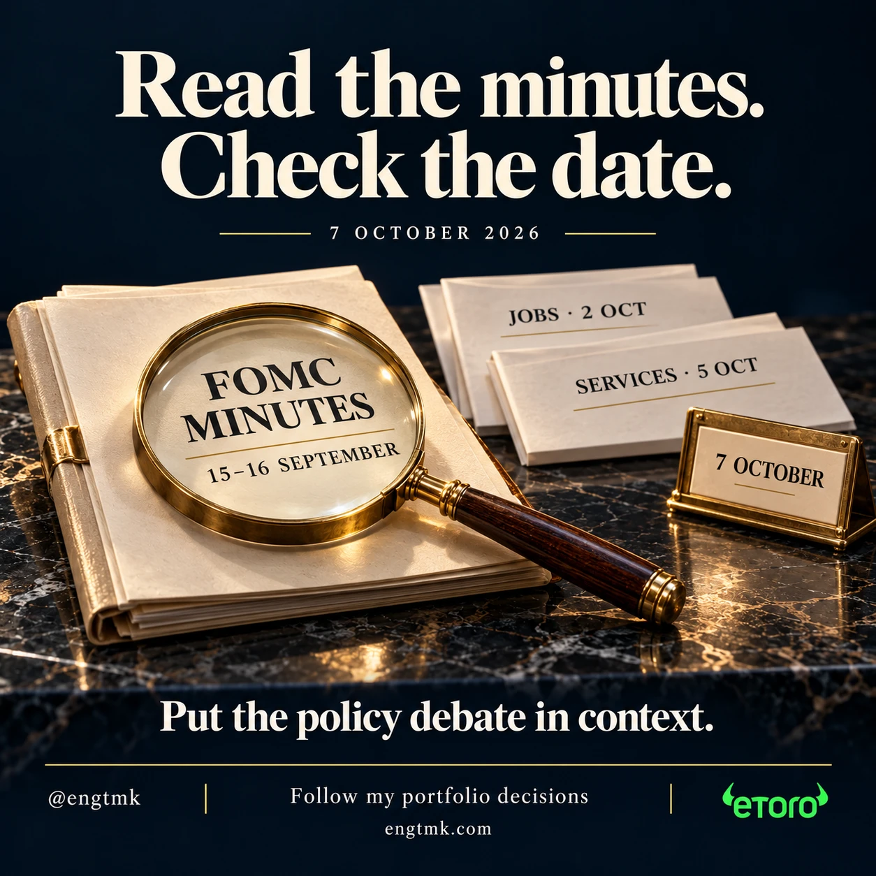 A magnifying glass over a symbolic FOMC minutes folder dated 15–16 September, alongside later jobs and services folders and a 7 October date card.