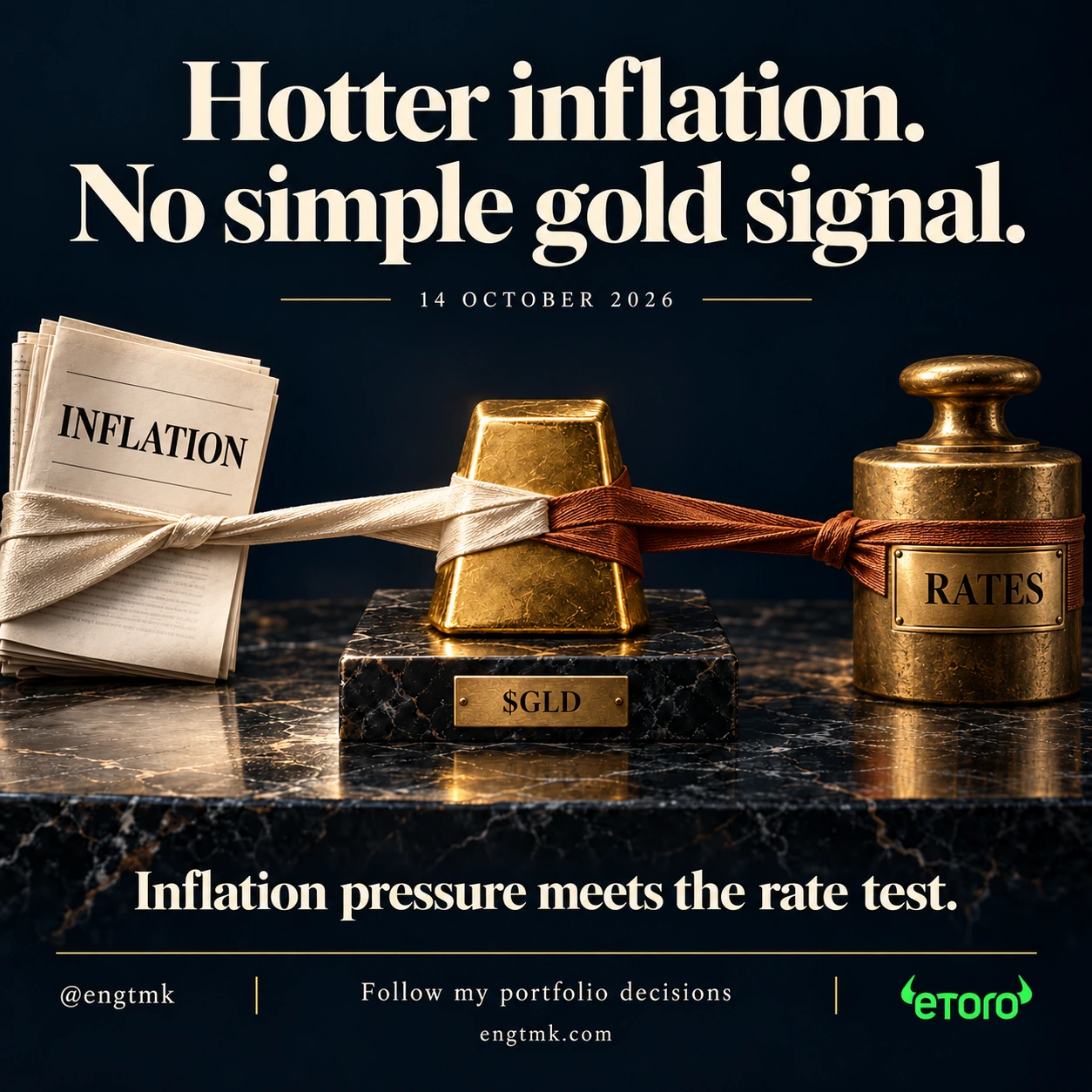 A gold bar on a brass $GLD plinth pulled between inflation papers and a rates weight. Dated 14 October 2026, the conceptual illustration shows competing pressures without predicting a price direction.