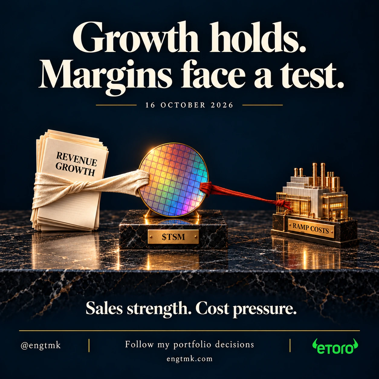 A silicon wafer on a brass $TSM plinth pulled between revenue-growth papers and a model fab labelled ramp costs. Dated 16 October 2026, the conceptual illustration contrasts sales strength with cost pressure.