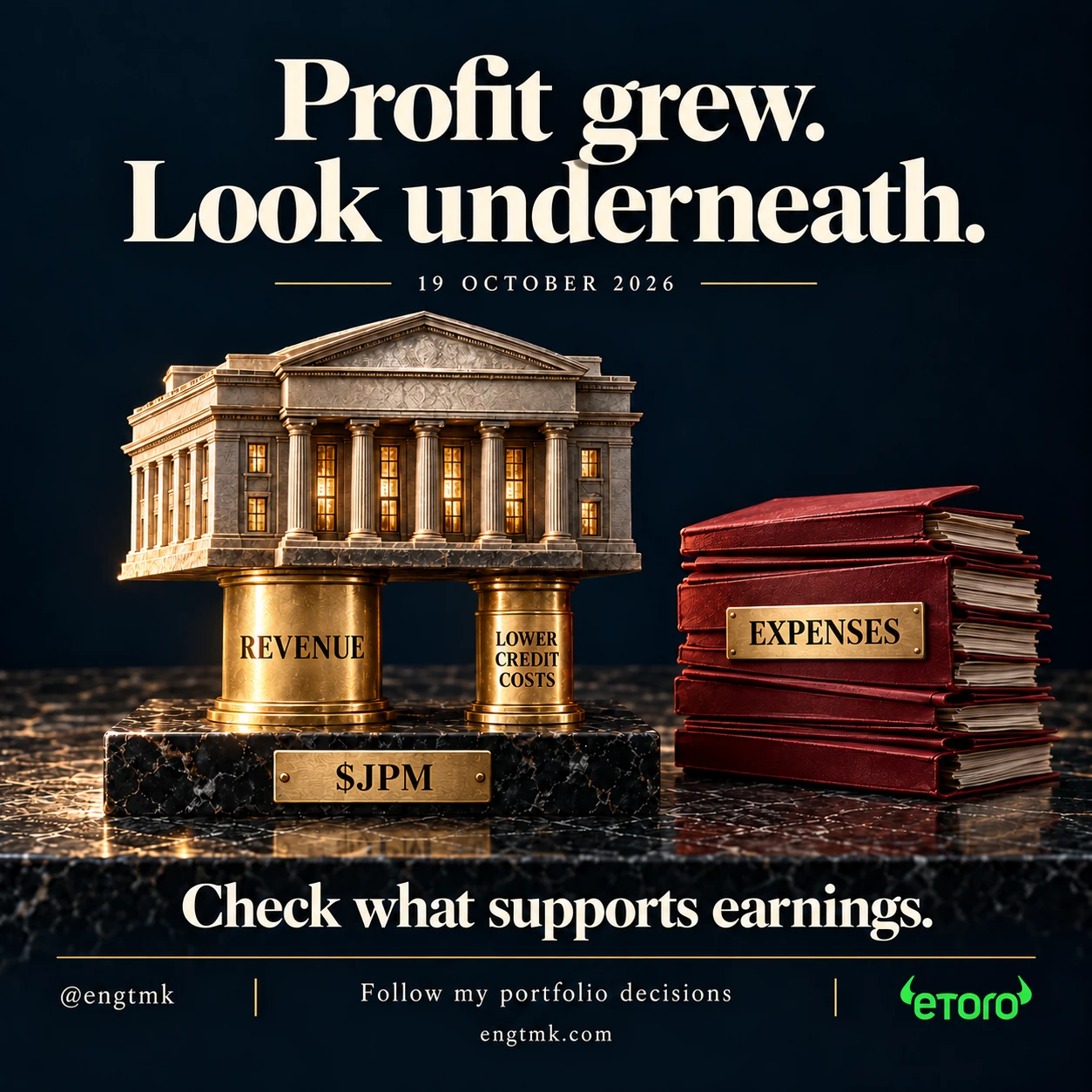 Conceptual illustration dated 19 October 2026: a bank on unequal gold supports labelled revenue and lower credit costs, beside red expense ledgers. The $JPM plaque identifies the company; profit grew refers to the year-on-year comparison.